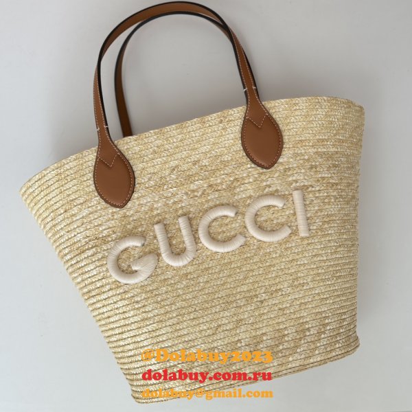 Fashion Medium Straw Tote With Gucci Patch 779530 Fake Bag